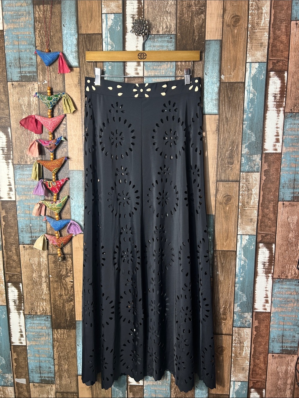 Women's Black Laser-Cut Maxi Skirt with Floral Cutout Detail